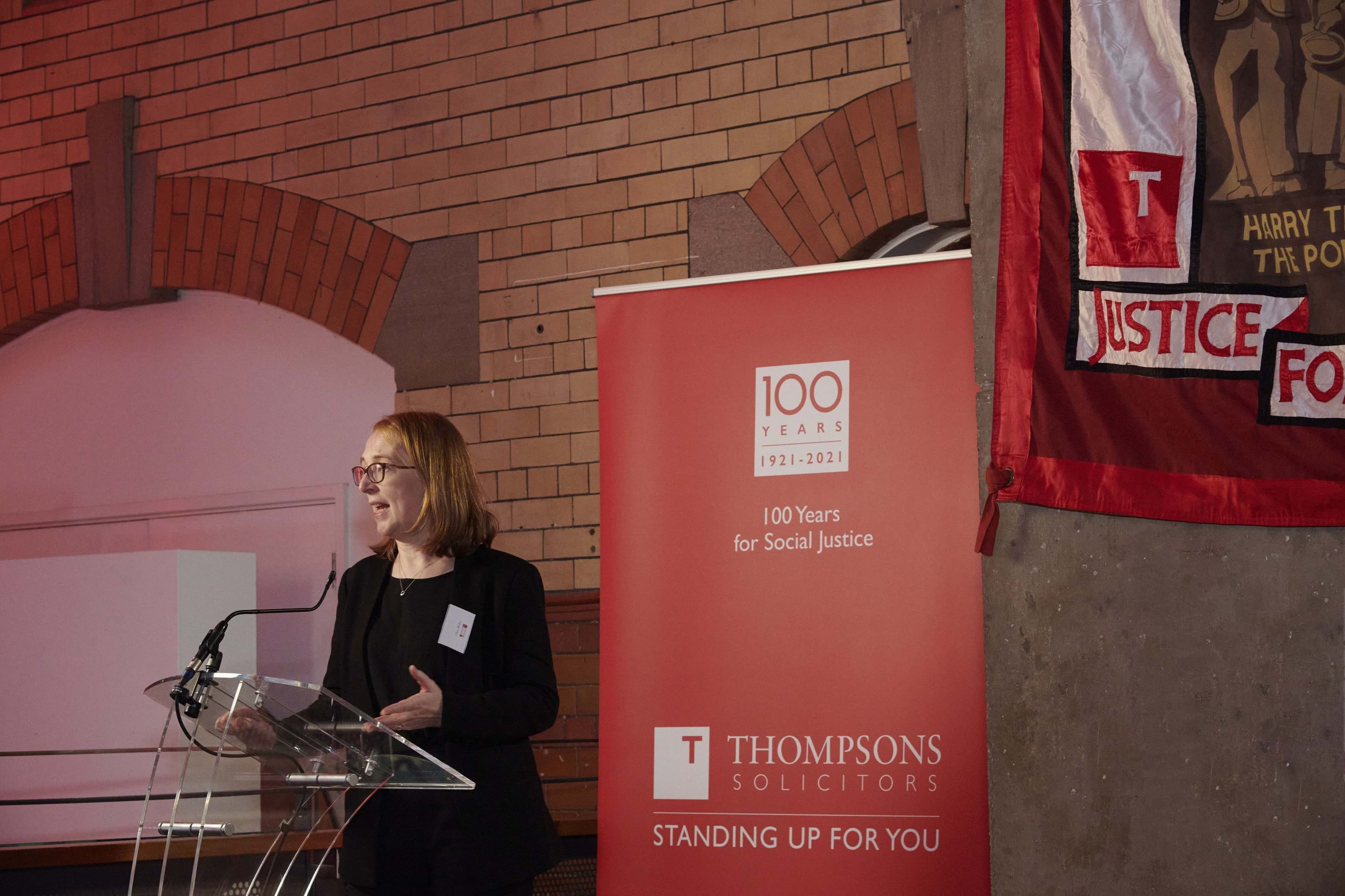 Clare Mellor, Thompsons' chief executive, speaking at the centenary event